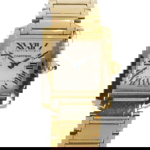 A ladies' 18ct gold Cartier Tank Francaise quartz bracelet watch,: A ladies' 18ct gold Cartier Tank Francaise quartz bracelet watch, ref. 2385, the arched rectangular case, 20mm, with a silvered dial, black Roman numerals, blued hands, cabochon set crown, case back s