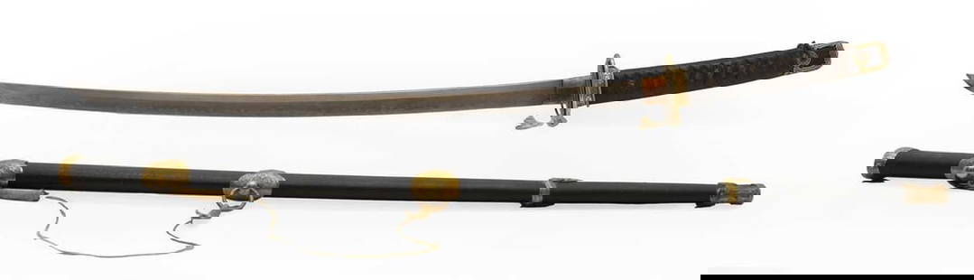 A Japanese katana: A Japanese katana Meiji period (1868-1912), the same (shagreen) tsuka (handle) wrapped in brown ito (braid), with a rounded tsuba (guard), with a signed tang, mounted in a black lacquered saya (scabba