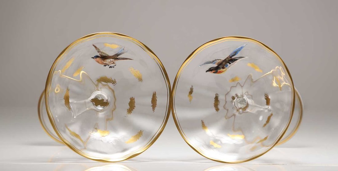 A pair of enamelled glass tazzas, (1 of 2)