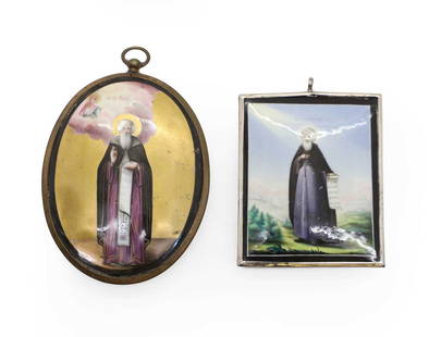 A miniature porcelain icon: A miniature porcelain icon depicting Saint Sergius of Radonezh, with script verso, the oval panel in a gilt metal frame 8 x 6cm together with one other similar of rectangular form within a white metal