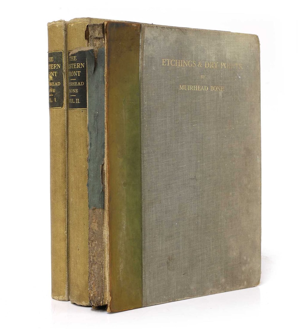 Muirhead BONE:: Muirhead BONE: 1- Etchings and Dry Points 1898-1907. Catalogue by Campbell Dodgson. L, Obach, 1909. Limited edn. # 28 of 275 copies, Signed by Muirhead Bone. 4to. Covers worn & lacks the spine; 2- Wes