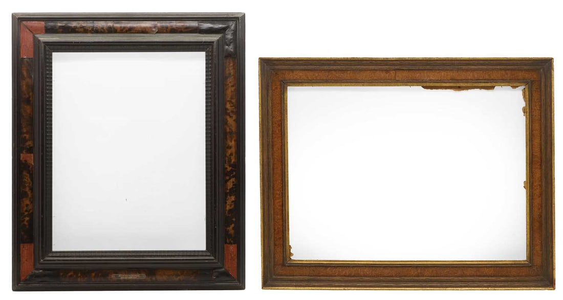 Two picture frames,: Two picture frames, 20th century, one ebonised with tortoiseshell inlaid panels, with label, 73.5 x 62cm, internal 52 x 40cm, the other burrwood and gilt moulded, 76 x 58cm, internal 61.5 x 43.5cm (2)