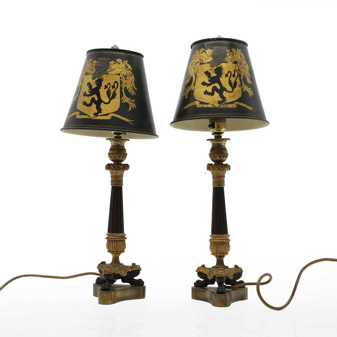 A pair of gilt bronze and painted toleware table lamps, (1 of 2)