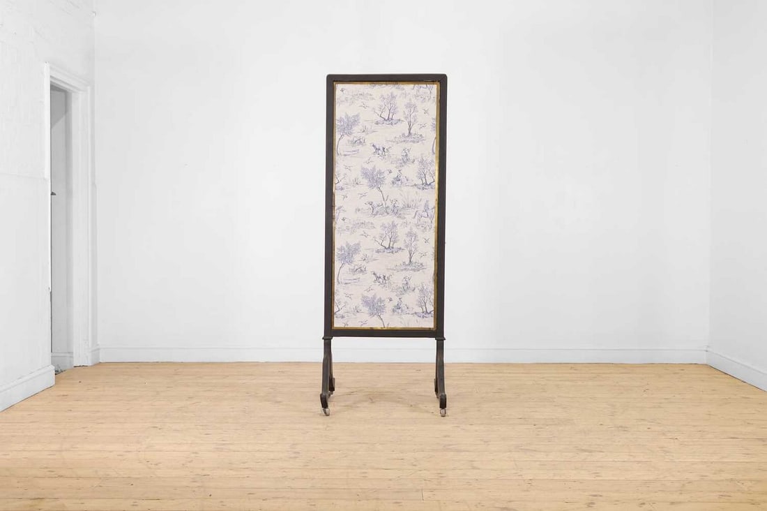 A painted wooden tailor’s mirror by Miroir Brot,: A painted wooden tailor’s mirror by Miroir Brot, 20th century, French, with a moulded cheval frame enclosing three glass plates, the two adjustable folding examples with printed cotton backing,