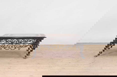 A specimen marble-topped coffee table,: A specimen marble-topped coffee table, of recent manufacture, the square moulded top centred with a chequerboard panel, raised on a pierced and scrollwork stand, 105cm square 47cm high