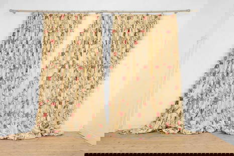 Two pairs of lined and interlined silk curtains,: Two pairs of lined and interlined silk curtains, of recent manufacture, each with floral and foliate embroidery, 205cm wide at the pinch-pleated top edge 290cm drop (4)