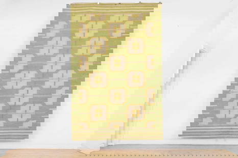 A flat-weave wool kilim rug,: A flat-weave wool kilim rug, of recent manufacture, after a design by Barbro Nilsson, the central field worked in yellows, greens and reds, 272 x 183cm Condition Report: Unused, therefore appears in g
