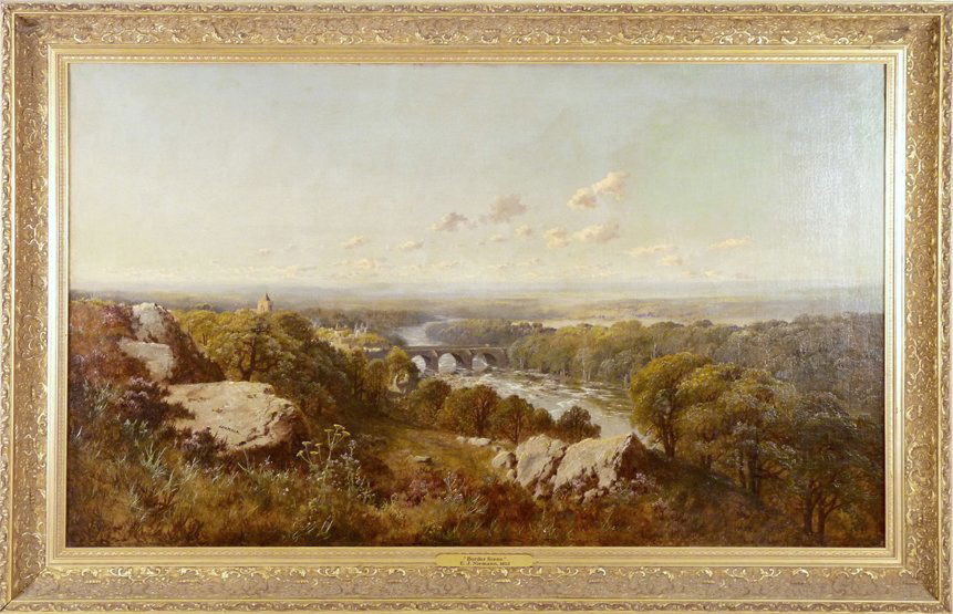 Edmund John Niemann (1813-1876), AN EXTENSIVE RIVER LAN: Edmund John Niemann (1813-1876), AN EXTENSIVE RIVER LANDSCAPE WITH A VILLAGE BY A BRIDGE Signed l.l., inscribed and dated 1853 on the frame, oil on canvas 74 x 125cm