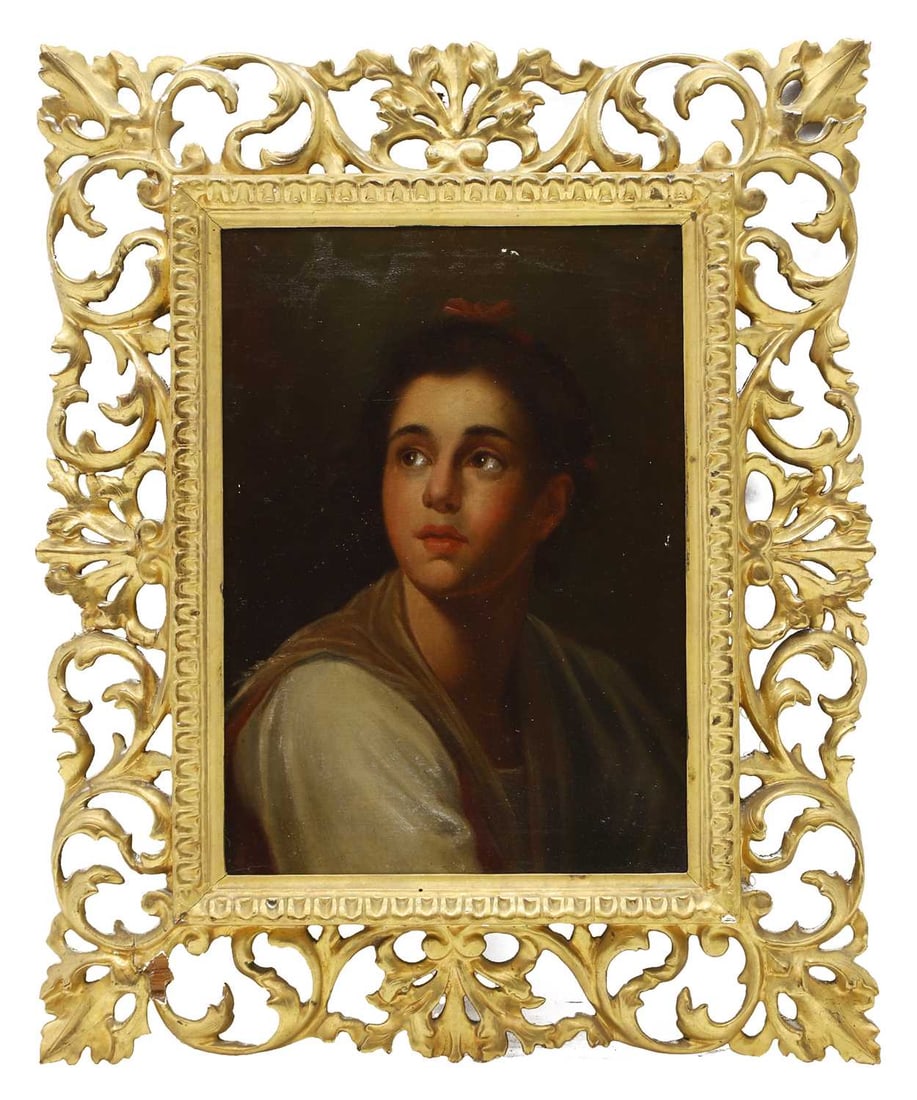 After Anton Raphael Mengs: After Anton Raphael Mengs A portrait of a young womanoil on canvas28 x 21.5cm, in a carved Florentine frame Condition Report 42.5 x 35cm overall. Some repairs to the frame. Chips and a few losses. 19