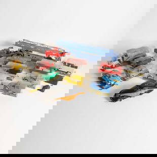 A collection of toy cars,: A collection of toy cars, 20th century, comprising thirteen cars, trucks and lorries, most examples manufactured by Norev, examples include: a Berliet TB015 car transporter, a Saviem refuse truck, a P