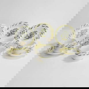 Eric Ravilious (1903-1942) for Wedgwood,: Eric Ravilious (1903-1942) for Wedgwood, three 'Garden' teacups and saucers, with three side plates and a bowl, printed design with yellow highlights, printed and impressed marks, teacups, 6.5cm high