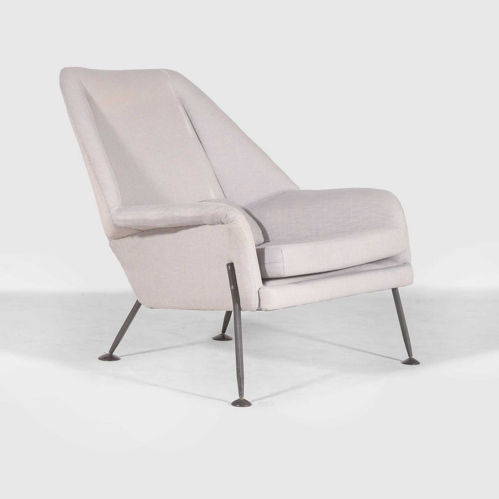Ernest Race (1913-1964) for Race Furniture,: Ernest Race (1913-1964) for Race Furniture, a 'Heron' armchair, 1950s, constructed from steel with wool upholstery, 83cm wide 85cm deep 83cm high, 38cm high to seat