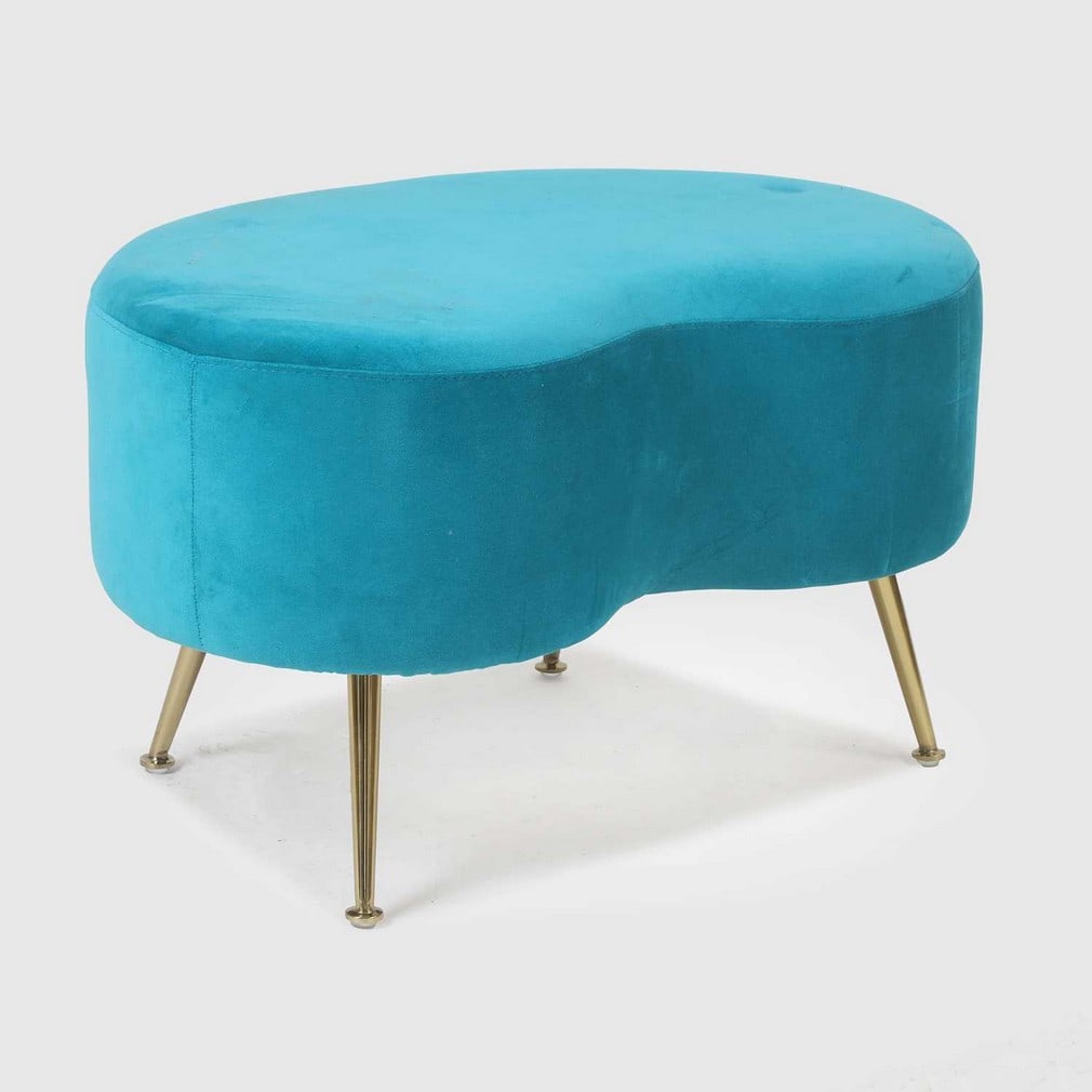 Jonathan Adler (American, b.1966),: Jonathan Adler (American, b.1966), an ottoman, of recent manufacture, of kidney bean form, upholstered in turquoise velvet, raised on four polished brass, tapered hairpin legs, with embossed plaque 'J