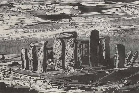 ▲ Gertrude Hermes RA (1901-1983): &#9650; Gertrude Hermes RA (1901-1983) 'Stonehenge' woodcut, signed and dated 'Gertrude Hermes 1963' in pencil l.r., inscribed with title and numbered 10/75 image 25 x 35cm Provenance: The Kent County