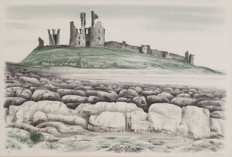 ▲ David Gentleman (b.1930): ▲ David Gentleman (b.1930) 'Dunstanburgh Castle' lithograph in colours, 1973, signed 'David Gentleman' in pencil and numbered 130/150 visible 47 x 67cm Provenance: The Kent County Council Art Co