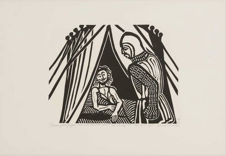 ▲ Edward Bawden RA (1903-1989): ▲ Edward Bawden RA (1903-1989) ''Leave your japes', said Sir Tristram, 'and come off, that we were in the field again'' (MG.144) linocut, from 'Le Morte d'Arthur', 1981, signed 'Edward Bawden' i