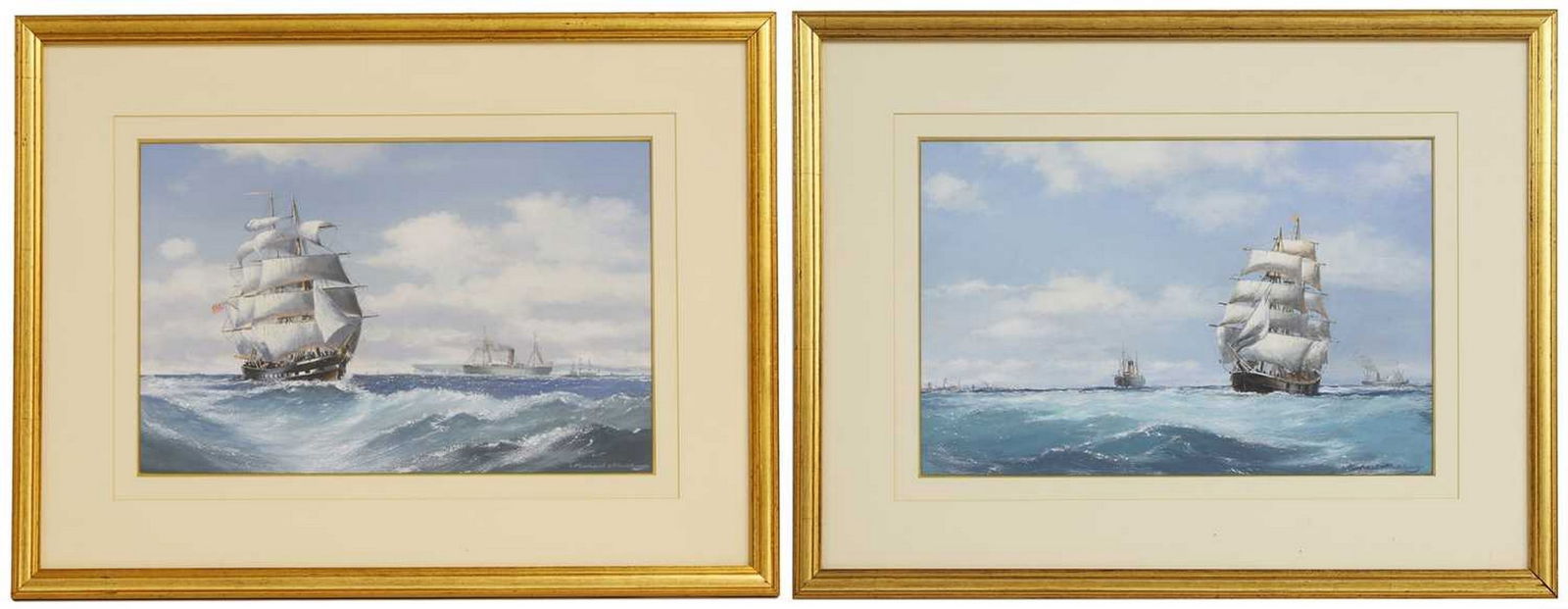 ▲ Michael Matthews (b.1933): ▲ Michael Matthews (b.1933) Ships in full sail a pair, both signed 'Michael Matthews' l.r., oil on paper 28.5 x 44cm (2) Condition Report: Framed: 66.5 x 51cm Both works appear to be in good con
