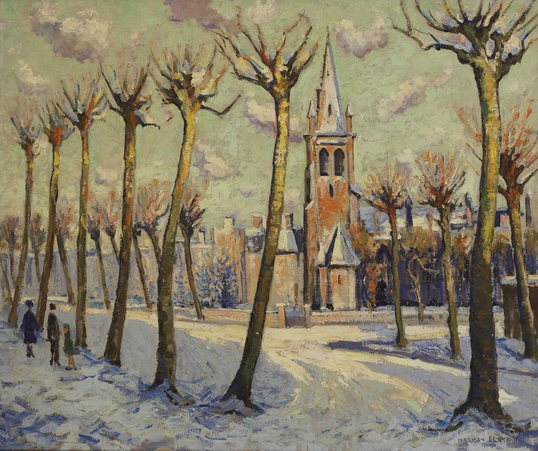 ▲ Norman Lloyd (Australian-British, 1894-1983): ▲ Norman Lloyd (Australian-British, 1894-1983) A view of a church on a winter morning signed 'NORMAN LLOYD' l.r., oil on canvas 63 x 76cm Condition Report: Framed: 80 x 92cm There is a small spo