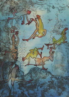 ▲ Roberto Matta (Chilean-Italian, 1911-2002): &#9650; Roberto Matta (Chilean-Italian, 1911-2002) 'Cherche Eve', 1971 etching and aquatint in colours, signed with artist's motif l.r., and numbered 33/100 plate 57 x 41cm Provenance: Bonhams Knights
