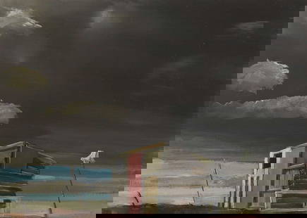 ▲ Julian Perry (b.1960): &#9650; Julian Perry (b.1960) 'Landscape with Lampshade' signed 'Julian Perry', inscribed with title and dated '2006' verso, oil on board 20 x 26cm Condition Report: Framed: 31.5 x 37.5cm Appears to b
