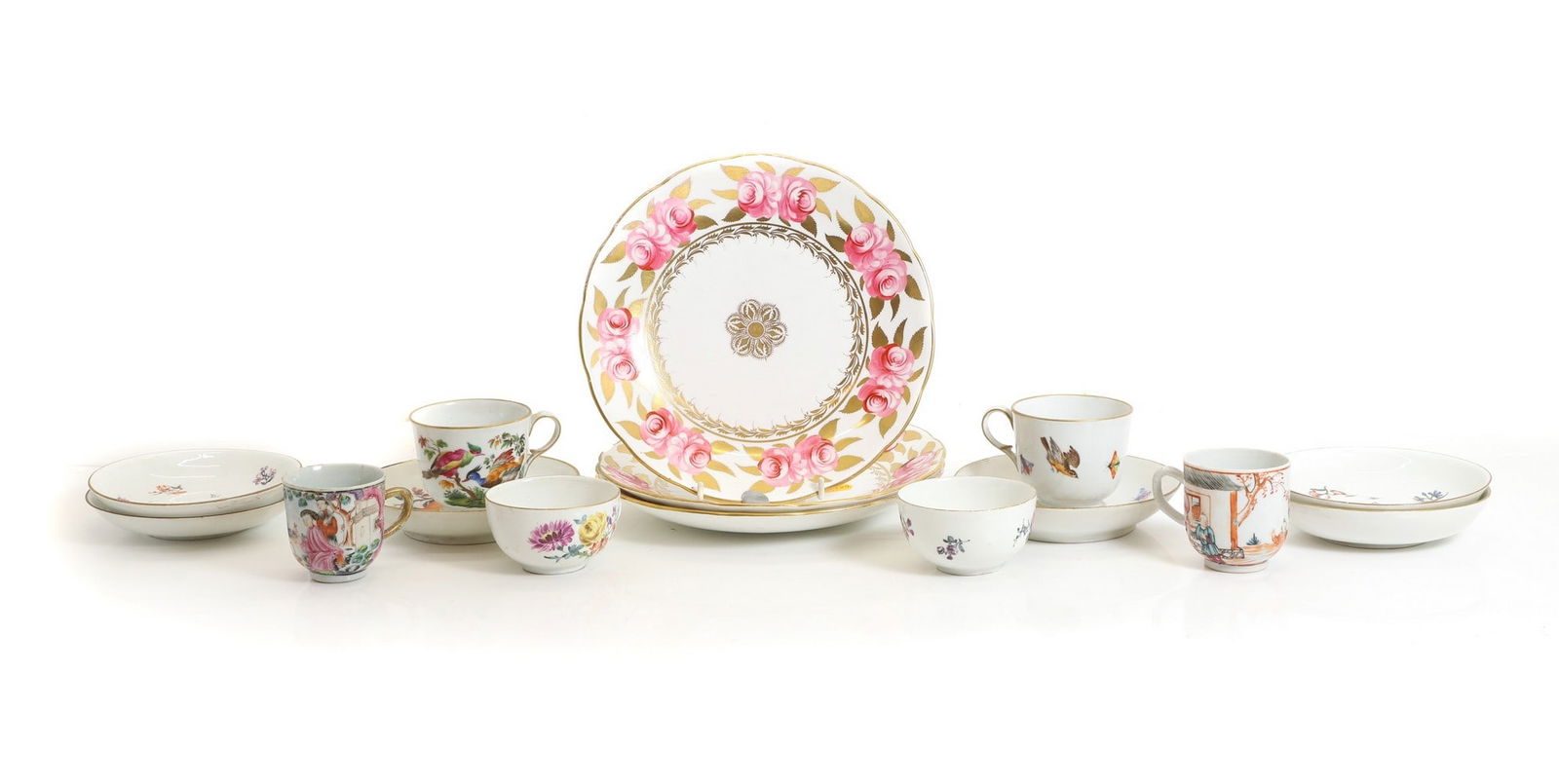 A collection of porcelain,: A collection of porcelain, mainly 19th century, comprising: a pair of Meissen style cups and saucers printed with birds, cups 6.5cm high two Meissen tea cups and four saucers, cups 4.5cm high two Chin