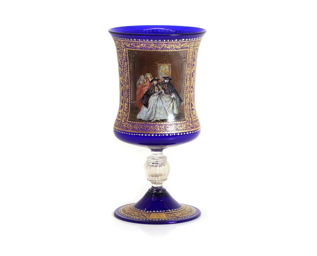 Giancarlo Begotti (Italian, 20th century),: Giancarlo Begotti (Italian, 20th century), a Venetian glass goblet, 20th century, the flared bucket bowl with enamelled with a Venetian scene after Pietro Longhi, enclosed by a gilt scrolled foliate b