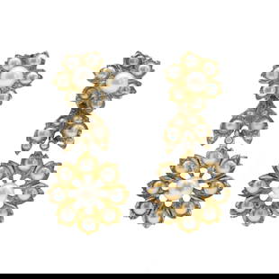 A pair of split pearl floral drop earrings,: A pair of split pearl floral drop earrings, converted from a Victorian jewel, each with a split pearl flowerhead cluster drop, articulated to a foliate split pearl link and smaller flowerhead cluster,