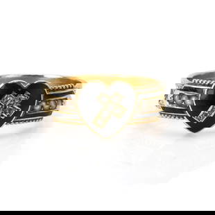 A Victorian 15ct gold diamond, enamel and split pearl mourning ring,: A Victorian 15ct gold diamond, enamel and split pearl mourning ring, centred with a black champlev&#233; enamel heart plaque, grain set with a rose cut diamond cross, to black champlev&#233; enamel sh