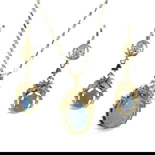 An opal pendant and drop earrings set,: An opal pendant and drop earrings set, the pendant with an oval opal cabochon drop, claw set and articulated within a foliate mount, to a reeded bale, stamped 14k suspended by a box link chain, to a b