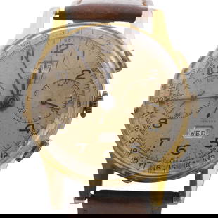 A gold cased Angelus 'Chronodato' mechanical strap watch,: A gold cased Angelus 'Chronodato' mechanical strap watch, with a 37mm diameter gold cased stainless steel case, a gilt dial, black Arabic numerals, outer silver date ring, red arrow tipped date hand,