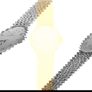 A ladies' 9ct gold Omega mechanical bracelet watch,: A ladies' 9ct gold Omega mechanical bracelet watch, with a 17mm diameter case, a silvered dial, gilt baton hour markers, black baton hands, movement calibre 485, case no. 7115645 hallmarked London 196