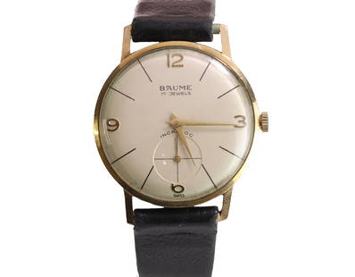 A 9ct gold Baume mechanical strap watch,: A 9ct gold Baume mechanical strap watch, with a 31mm diameter case, a silvered dial, gilt Arabic hour markers to the quarters, gilt sword hands, subsidiary seconds dial, movement signed Baume, London