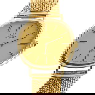 A gold plated Omega De Ville mechanical bracelet watch, c.1979,: A gold plated Omega De Ville mechanical bracelet watch, c.1979, with a cushion shaped case, 31mm x 29mm, a brushed gilt dial, applied black baton hour markers, black baton hands, fitted to an aftermar