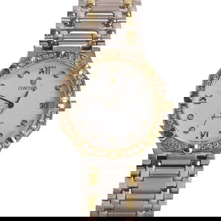 A stainless steel and gold, diamond set Concord Saratoga bracelet watch,: A stainless steel and gold, diamond set Concord Saratoga bracelet watch, ref. 15 14 247/1, the 28mm octagonal case with a white textured dial, diamond set hour markers, applied gilt Roman numerals at