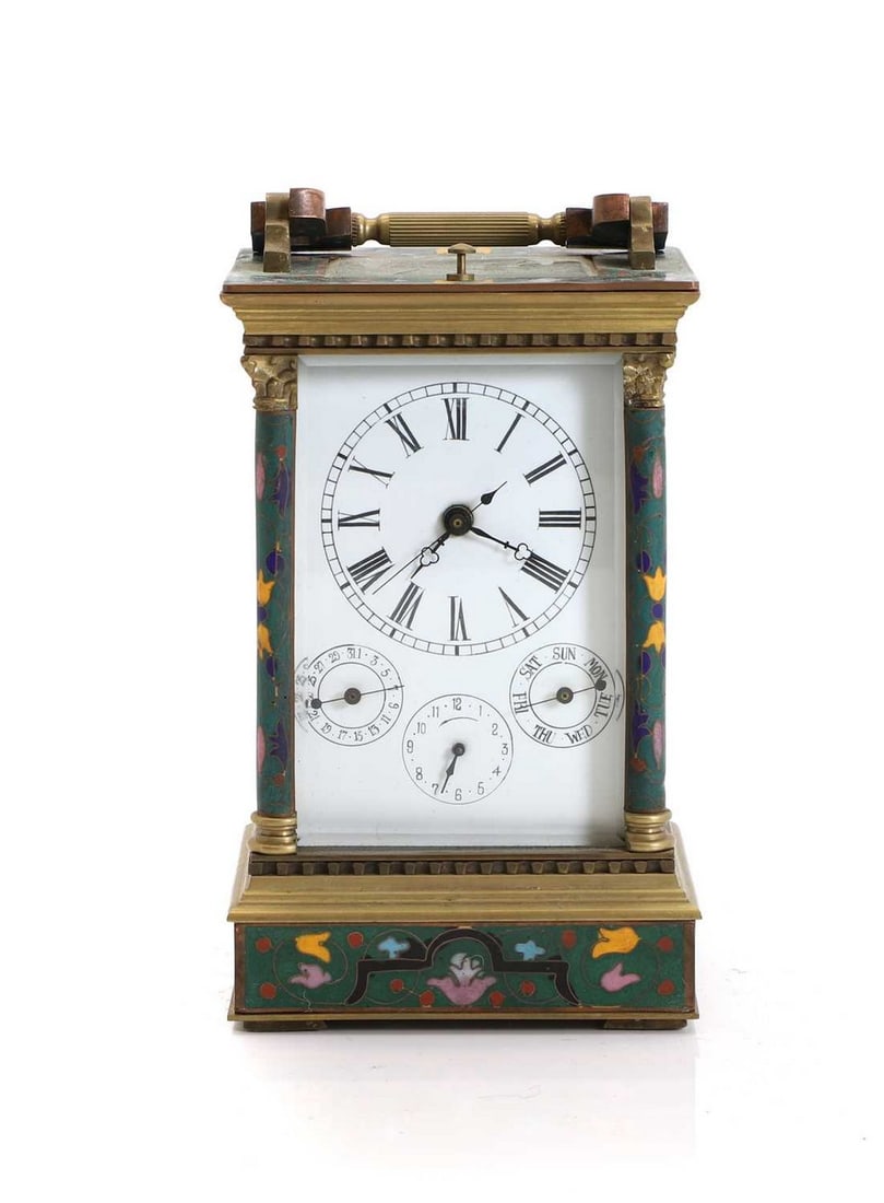A 20th century French style champleve calendar carriage clock, (1 of 2)