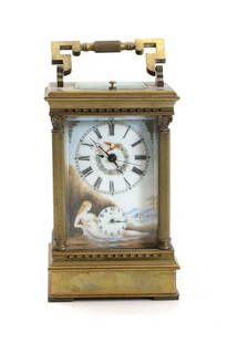 A French brass cased repeating carriage clock,: A French brass cased repeating carriage clock, 20th century, the enamelled face painted with a nude in landscape, the dial with Roman numerals, above an alarm dial, the side panels with painted nude p