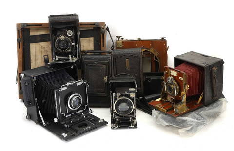 A MPP 5x7 large format camera,: A MPP 5x7 large format camera, Micro Precision Products Ltd England, fitted with an Epsilon shutter and Wray Lustrar F4.8 lens, together with a quantity of plate and bellows cameras, to include an Iha