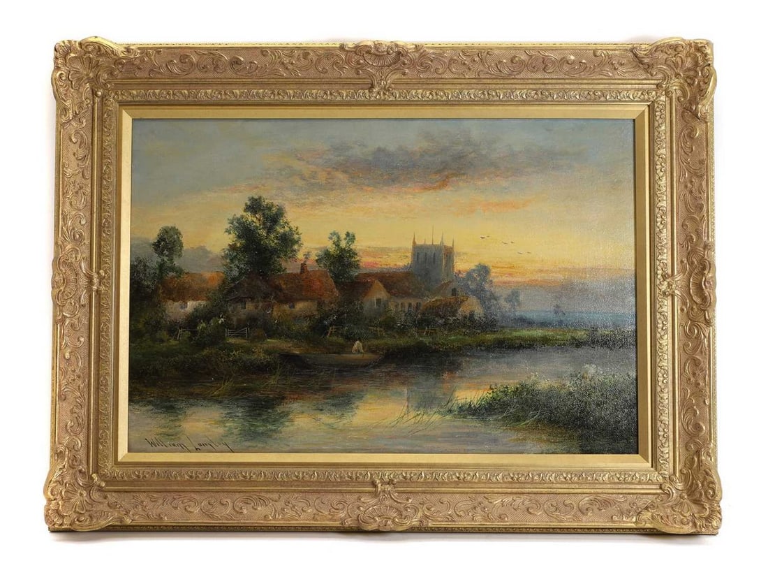 William Langley (1852-1922): William Langley (1852-1922) A river scene with a figure in a boat, a church beyond, signed l.l., oil on canvas, 39.5 x 60cm in a gilt frame Condition Report: Framed: 40.5 x 61.5cm Not viewed under U.V