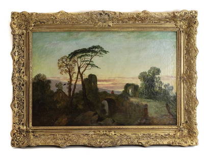 English School, 19th century: English School, 19th century A figure on a bridge amongst ruins, oil on canvas 38 x 57.5cm, in a gilt frame Condition Report: Framed: 40.5 x 61.5cm With heavy craquelure. Hole to canvas. Surface dirty