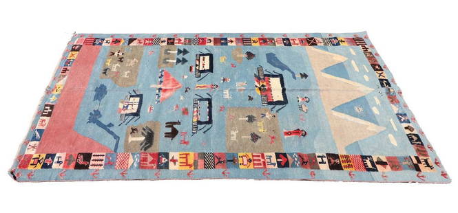 A Southwest Persian Qashqai kilim,: A Southwest Persian Qashqai kilim, with figural motifs to a blue ground, 250 x 146cm