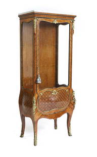 A Louis XV style kingwood parquetry and marquetry bombe vitrine,: A Louis XV style kingwood parquetry and marquetry bombe vitrine, late 19th century, with a marble top and gilt bronze mounts, with three glass shelves, 66.5cm wide 39.5cm deep 161cm high Condition Rep