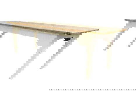 A Victorian pine refectory table,: A Victorian pine refectory table, 19th century, the boarded top with cleated ends, on turned supports with later painting, 280cm wide 89.5cm deep 81cm high Condition Report: Knocks, scuffs, surface sc