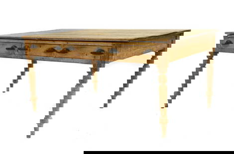 A pine farmhouse table: A pine farmhouse table 19th century, the boarded top above three frieze drawers, on turned tapering legs, 160cm wide 106cm deep 76.5cm high Condition Report: Shrinkage splits, scuffs and surface wear
