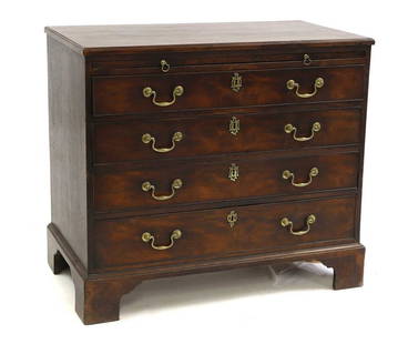 A George III mahogany chest of drawers,: A George III mahogany chest of drawers, third quarter 18th century, the rectangular top above a brushing slide and four graduated drawers, raised on bracket feet, 83cm wide 52.2cm deep 93cm high