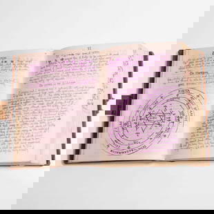 A witches coven or cult grimoire manuscript book,: A witches coven or cult grimoire manuscript book, late 20th century, a pigskin-bound notebook with brass hinge, with notes, diagrams and drawings in various hands which detail the roles of the hierarc