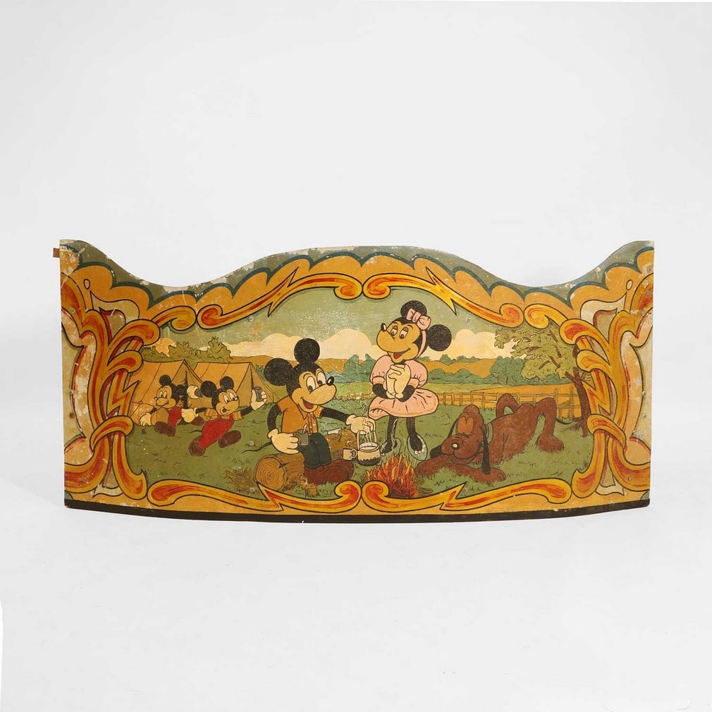 Fairground art by Fred Fowle,: Fairground art by Fred Fowle, c.1948, a Disney campfire scene of Mickey and Minnie Mouse, with Minnie's dog Pluto and the 'children', painted on aluminium, 75 x 173cm Condition Report: Losses scuffs a