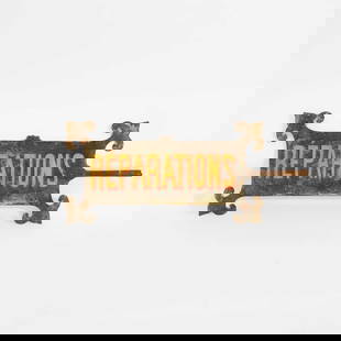 A metal tailor's sign,: A metal tailor's sign, c.1900, French, inscribed 'REPARATIONS', 36 x 72cm