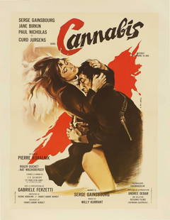 'Cannabis',: 'Cannabis', a French colour poster for the 1970 crime film, starring Serge Gainsbourg and Jane Birkin, linen-backed, 80 x 60cm, unframed Condition Report: Mounted on canvas measuring 91 x 71cm. Rolled