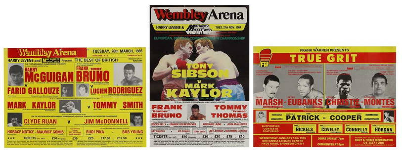 A group of 1984 boxing posters,: A group of 1984 boxing posters, 1984, a group of three boxing posters, featuring Frank Bruno, Barry McGuigan, Tony Sibson, Mark Kaylor, Terry Marsh, Peter Eubanks, Errol Christie and Gonzalo Montes, l