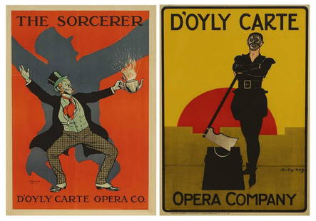 Two D'Oyly Carte theatre posters,: Two D'Oyly Carte theatre posters, early 20th century, two D'Oyly Carte theatre posters, one for 'The Sorcerer' and the other with an executioner design, designed by H M Brock and Dudley Hardy, 76 x 51
